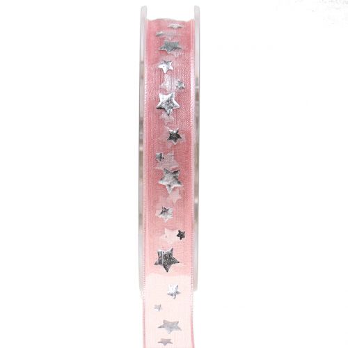 položky Vánoční stuha organza růžová s motivem hvězd 15mm 20m