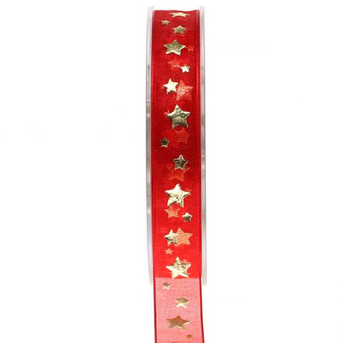 Floristik24 Vánoční stuha organza červená s motivem hvězd 15mm 20m