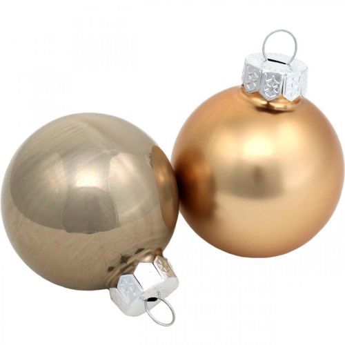 Floristik24 Mix ozdob na stromeček, vánoční koule, mini přívěsky na stromeček zlatá / hnědá / perleť / béžová V4,5cm Ø4cm pravé sklo 24ks