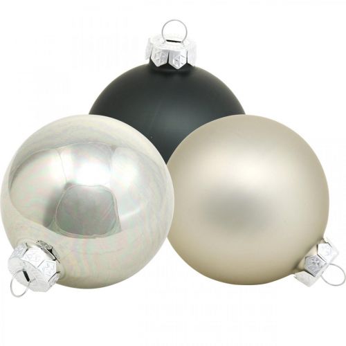 Floristik24 Cetka, ozdoby na vánoční stromeček, vánoční koule černá/stříbrná/perleť V8,5cm Ø7,5cm pravé sklo 12 kusů