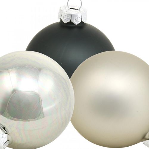 položky Vánoční koule, přívěsky na stromeček, ozdoby na stromeček černá / stříbrná / perleť V6,5cm Ø6cm pravé sklo 24ks
