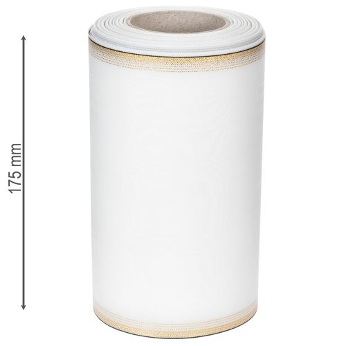 položky Bílá moaré stuha na věnec se zlatým perleťovým okrajem, 175 mm - Elegantní stuha pro dekoraci a floristiku