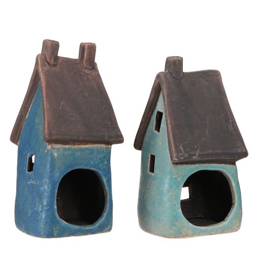 Floristik24 Domeček s lucernou keramický domeček modrý hnědý H15,5/17,5cm 2 ks
