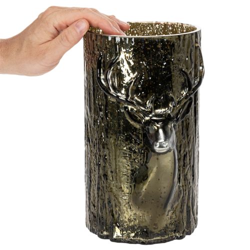 Skleněný svícen na čajové svíčky s hlavou jelena a reliéfy stromů, zimní dekorace, 26 cm | Floristik24.cz