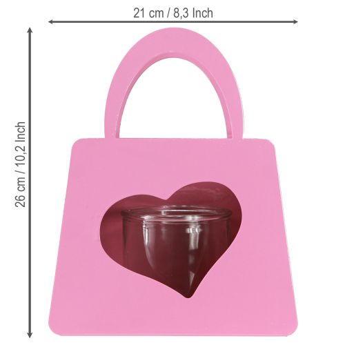 položky Kovová taška na lucernu se skleněnou vložkou růžové srdce V26cm