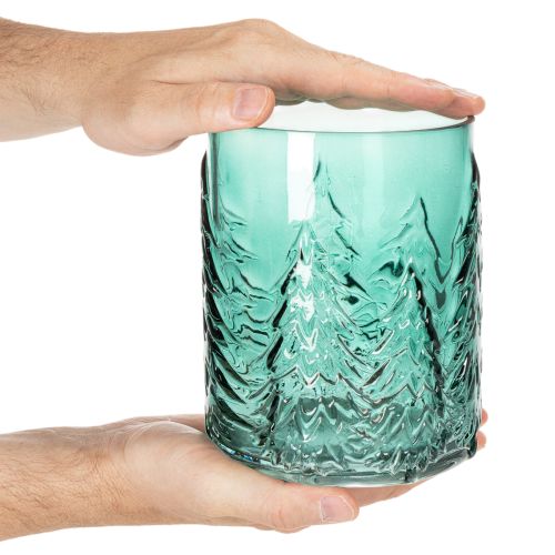 Skleněný svícen na čajové svíčky s reliéfními jedlemi, vánoční dekorace, 16 cm | Floristik24.cz