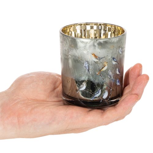 Skleněný svícen na čajové svíčky s motivem ptáka a sněhové vločky, 8 cm, 2 kusy | Floristik24.cz