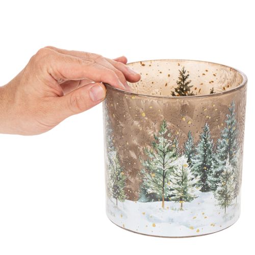 Skleněný svícen na čajové svíčky s motivem jedlového lesa, zimní dekorace, 15 cm | Floristik24.cz