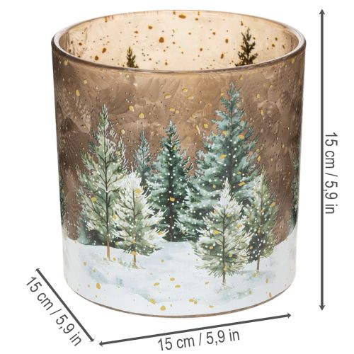 Skleněný svícen na čajové svíčky s motivem jedlového lesa, zimní dekorace, 15 cm | Floristik24.cz