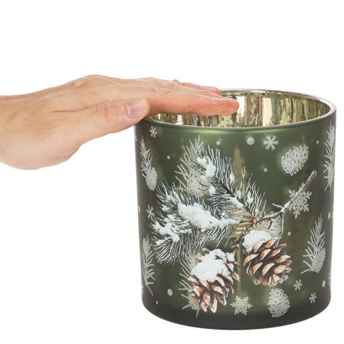 Skleněný svícen na čajové svíčky s borovicovými šiškami a sněhovými vločkami, 15 cm | Floristik24.cz