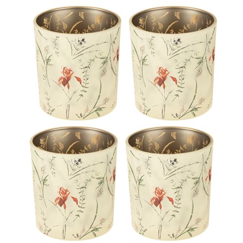 položky Dekorativní skleněná lucerna s květinovým motivem pro atmosférické bytové doplňky, 8 cm, 4 kusy.