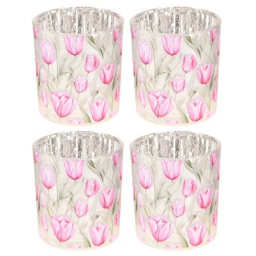 položky Dekorativní skleněná lucerna s tulipánovým vzorem pro jarní dekoraci domova, 8 cm, 4 kusy.