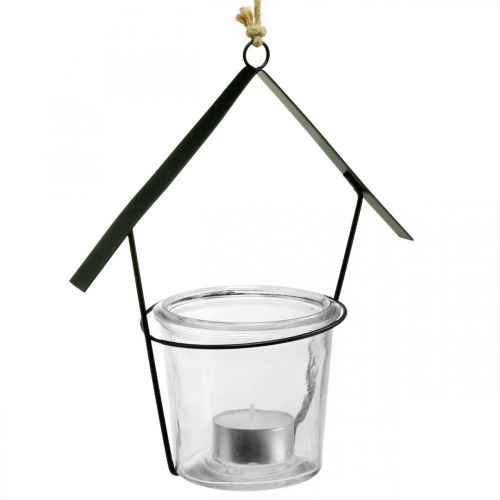 položky Lampionový domeček, svícen na čajovou svíčku k zavěšení, kovová dekorace, sklo V21,5cm 2ks