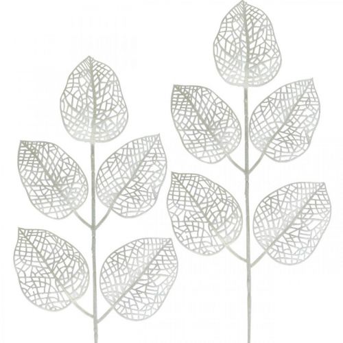 Zimní dekorace, deko listy, umělá větvička bílé třpytky L36cm 10ks