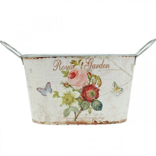 Floristik24 Vintage květinová vana, kovový květináč s uchy, květináč s růžemi L18cm H10,5cm