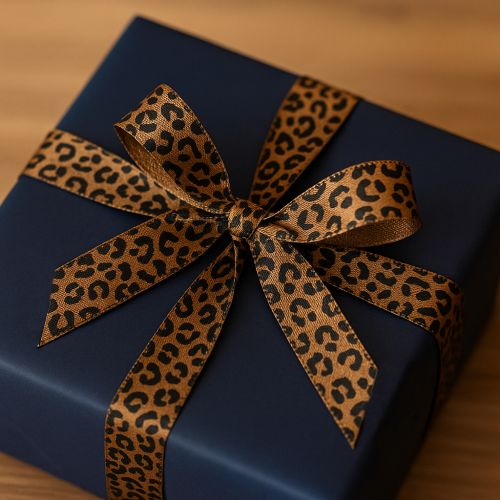 položky Hedvábná stuha s leopardím vzorem, hnědá a černá, 15 mm, 18 m