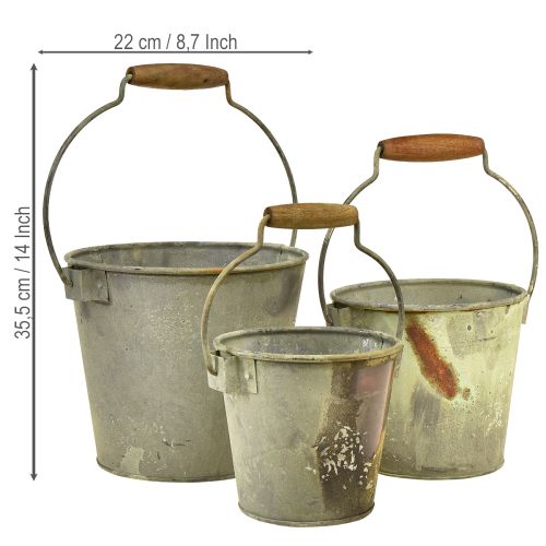 položky Dekorativní kbelík kovový rezavý vintage Ø15/17,5/22cm sada 3 kusů