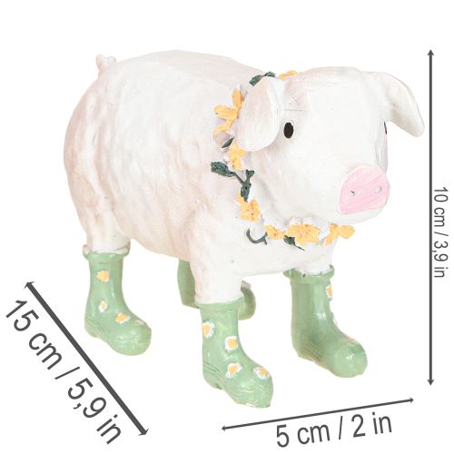 Dekorativní prasátko s gumovými holínkami – Zábavná farmářská figurka s květinovým věncem 15,5 cm | Floristik24.cz