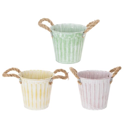 Floristik24 Dekorativní květináč, kovový kyblík na sázení, květináč s uchy, růžovo-zeleno-žlutý shabby chic Ø15cm V13cm 3dílná sada