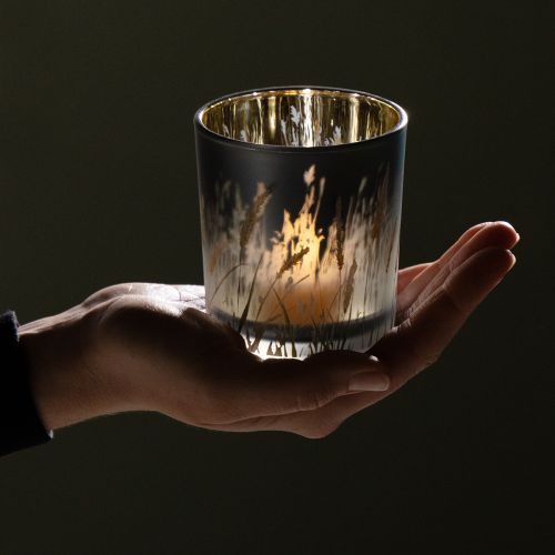 položky Dekorativní skleněná lucerna s motivem trávy pro atmosférické akcenty v místnosti, modrá, 8 cm, 4 kusy.