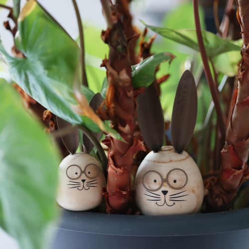 položky Dekorativní králík ze dřeva a kovu s humorným designem, příjemný poutač, 19 cm, 2 kusy