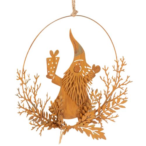 Vánoční ozdobný prsten, sob v prstenu, Santa Claus s dárkem, kovová dekorace, rezavý povrch, Ø18cm, sada 2 kusů | Floristik24.cz