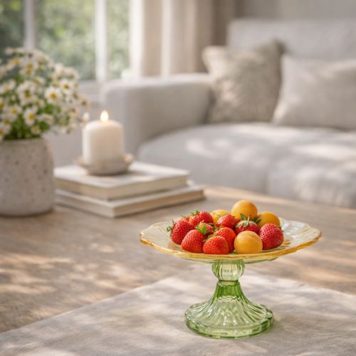 položky Dekorativní skleněný talíř s nohou, květinový vzor, ideální pro slavnostní prezentaci, 15 cm