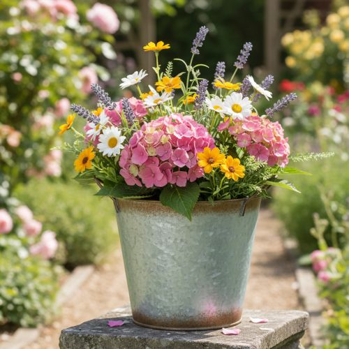 položky Dekorativní květináč s uchy, květináč na rostliny, kovová nádoba, stříbrná, zvětralá ocel, Ø17cm V16,5cm