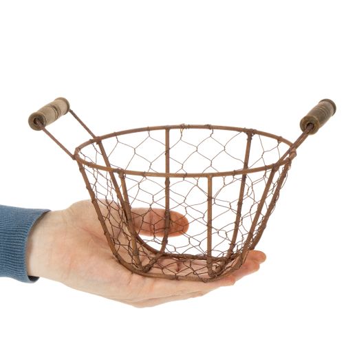 Drátěný koš, kovový koš s rukojetí, dřevo, rez, dekorativní, Ø18cm | Floristik24.cz