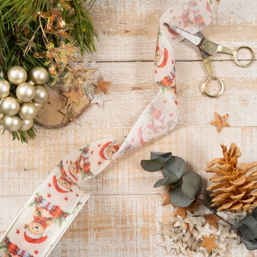 Dárková stuha medvěd s čepicí Santy a dárky 40mm 15m | Floristik24.cz