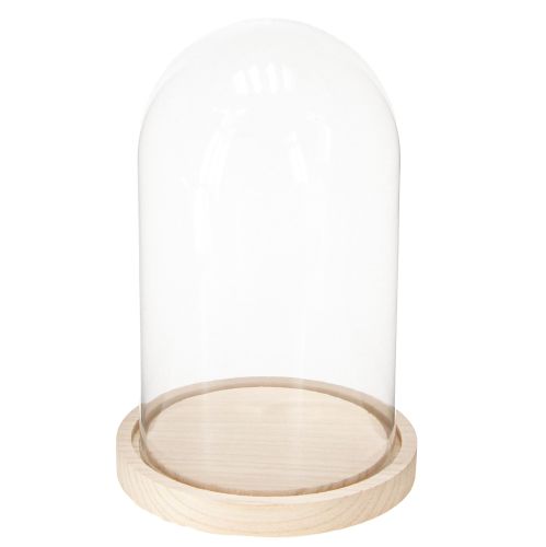 položky Skleněný zvonek na dřevěném podnosu, sklenice, čirý, přírodní, Ø17cm, H24cm