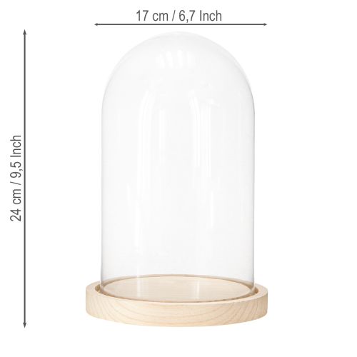 položky Skleněný zvonek na dřevěném podnosu, sklenice, čirý, přírodní, Ø17cm, H24cm