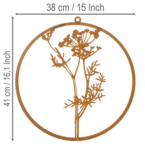 Kovový kroužek, rezavý kov, ozdobný kroužek, nástěnná dekorace, snítka kopru, Ø38cm | Floristik24.cz