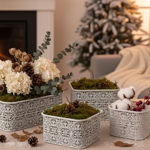 položky Kovové misky s krajkovým vzorem, dekorativní nádoba, čtvercové, shabby chic, bílé, 27/23/19 cm, V 13,5 cm, sada 3 kusů