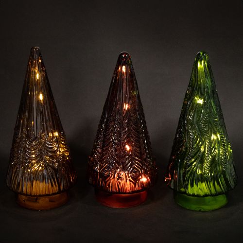 položky Mini skleněný vánoční stromeček LED červená zelená hnědá 18cm 3 ks