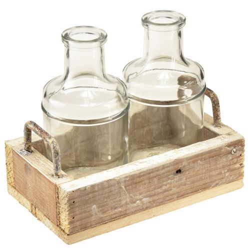 Mini vázičky skleněný dekorační podnos dřevo vintage 16x10x14cm set