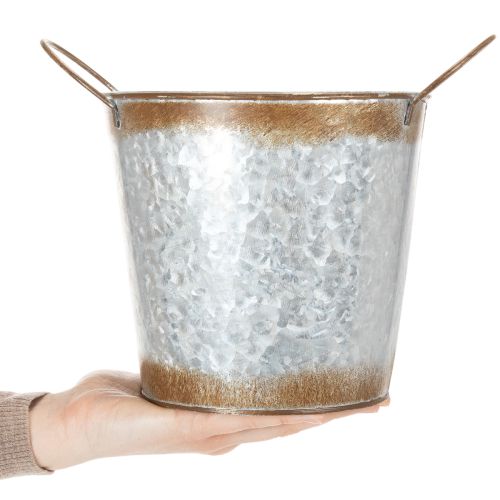 položky Kovový květináč, miska, květináč se stříbrnými úchyty, povrchová úprava z opotřebované oceli, Ø18 cm V20 cm