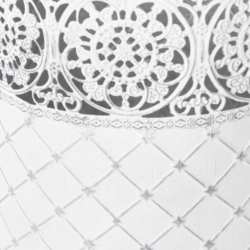 položky Květináč s krajkovým vzorem, kovová nádoba, dekorativní kyblík, bílá, stříbrná, shabby chic, V 28/25,5/23,5 cm, Ø 29,5/25,5/20 cm, sada 3 ks