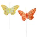 Floristik24 Dekorativní motýlci na drátěných peříčkách oranžově žlutá 7×11cm 12ks