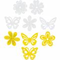 Floristik24 Květiny a motýli na posyp žluté, bílé dřevěné posypové dekorace jarní dekorace 72ks