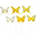 Floristik24 Ozdobní motýlci motýlek žluté pírko na drátě 7,5cm 6ks