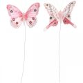 Floristik24 Ozdobní motýlci růžový pírkový motýlek na drátě 7,5cm 6ks
