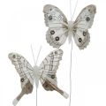 Floristik24 Ozdobní motýlci bílý, hnědý peříčkový motýlek na drátě 7,5cm 6ks