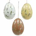 Floristik24 Velikonoční vajíčka na zavěšení s motivem vajíčka a peříčka bílá, hnědá, žlutá asort 3ks