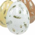 Floristik24 Velikonoční vajíčka na zavěšení s motivem vajíčka a peříčka bílá, hnědá, žlutá asort 3ks
