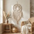 Macramé lapač snů na zeď, krémová, boho nástěnná dekorace, ručně vyrobená, 29 × 72 cm, do obývacího pokoje a ložnice | Floristik24.cz