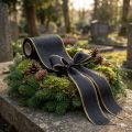 Elegantní moaré věnečková stuha, 175 mm černá s perleťovým okrajem a taftovou vazbou, ozdobná stuha pro pohřební květinářství, mašle, 25 m | Floristik24.cz
