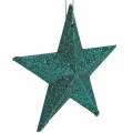 Floristik24 Třpytivá hvězda set deco věšák a rozptylová dekorace smaragdová, světle zelená 9cm/5cm 18 kusů