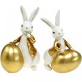 Floristik24 Velikonoční zajíček bílo-zlatý, velikonoční dekorace, dekorativní zajíček s vajíčkem V16/18cm sada 2 ks