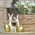 Floristik24 Velikonoční zajíček bílo-zlatý, velikonoční dekorace, dekorativní zajíček s vajíčkem V16/18cm sada 2 ks